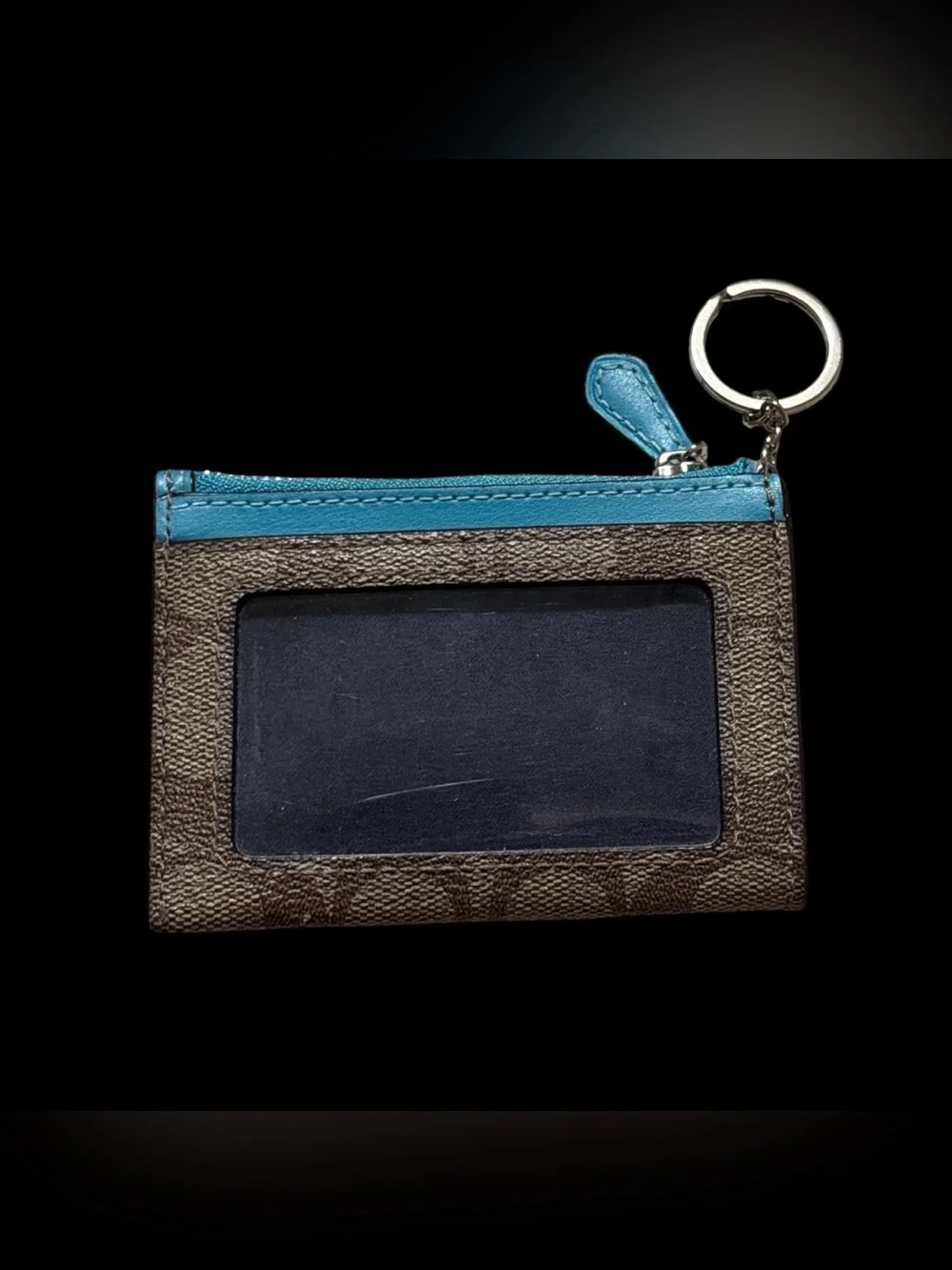 Coach Brown Signature Canvas Card Case with Teal Trim and Key Ring